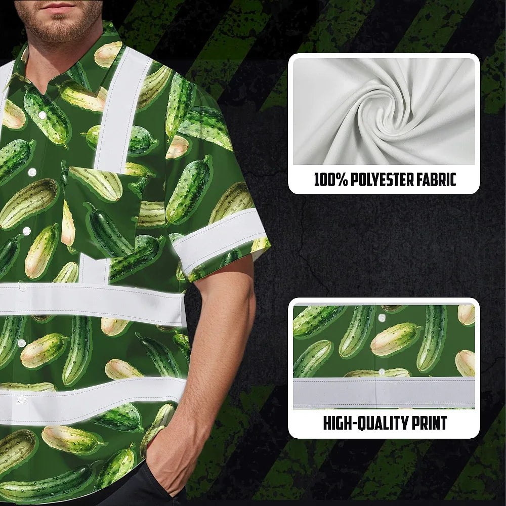 Hi Vis Hawaiian Shirt Reflective Tapes Green Cucumber Custom Name Safety Workwear For Workers, Truckers, Operators
