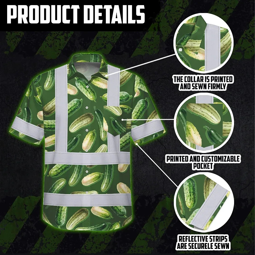 Hi Vis Hawaiian Shirt Reflective Tapes Green Cucumber Custom Name Safety Workwear For Workers, Truckers, Operators