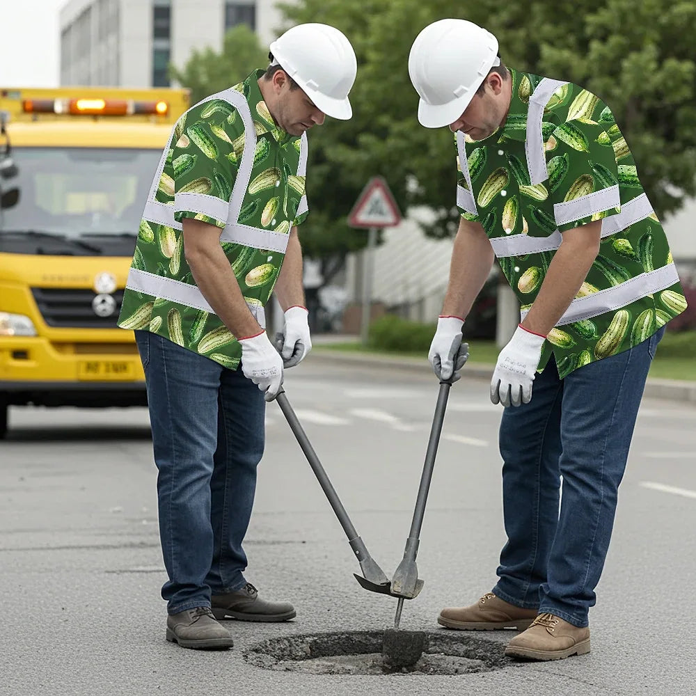 Hi Vis Hawaiian Shirt Reflective Tapes Green Cucumber Custom Name Safety Workwear For Workers, Truckers, Operators