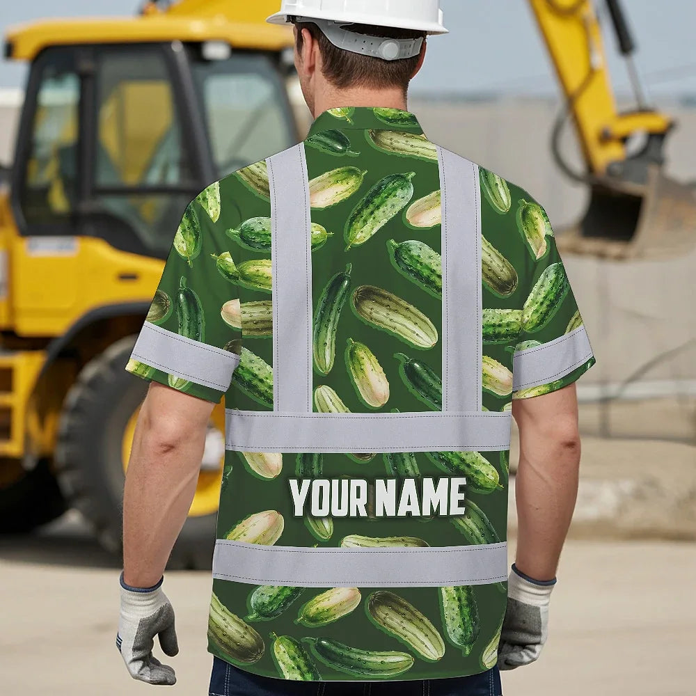Hi Vis Hawaiian Shirt Reflective Tapes Green Cucumber Custom Name Safety Workwear For Workers, Truckers, Operators