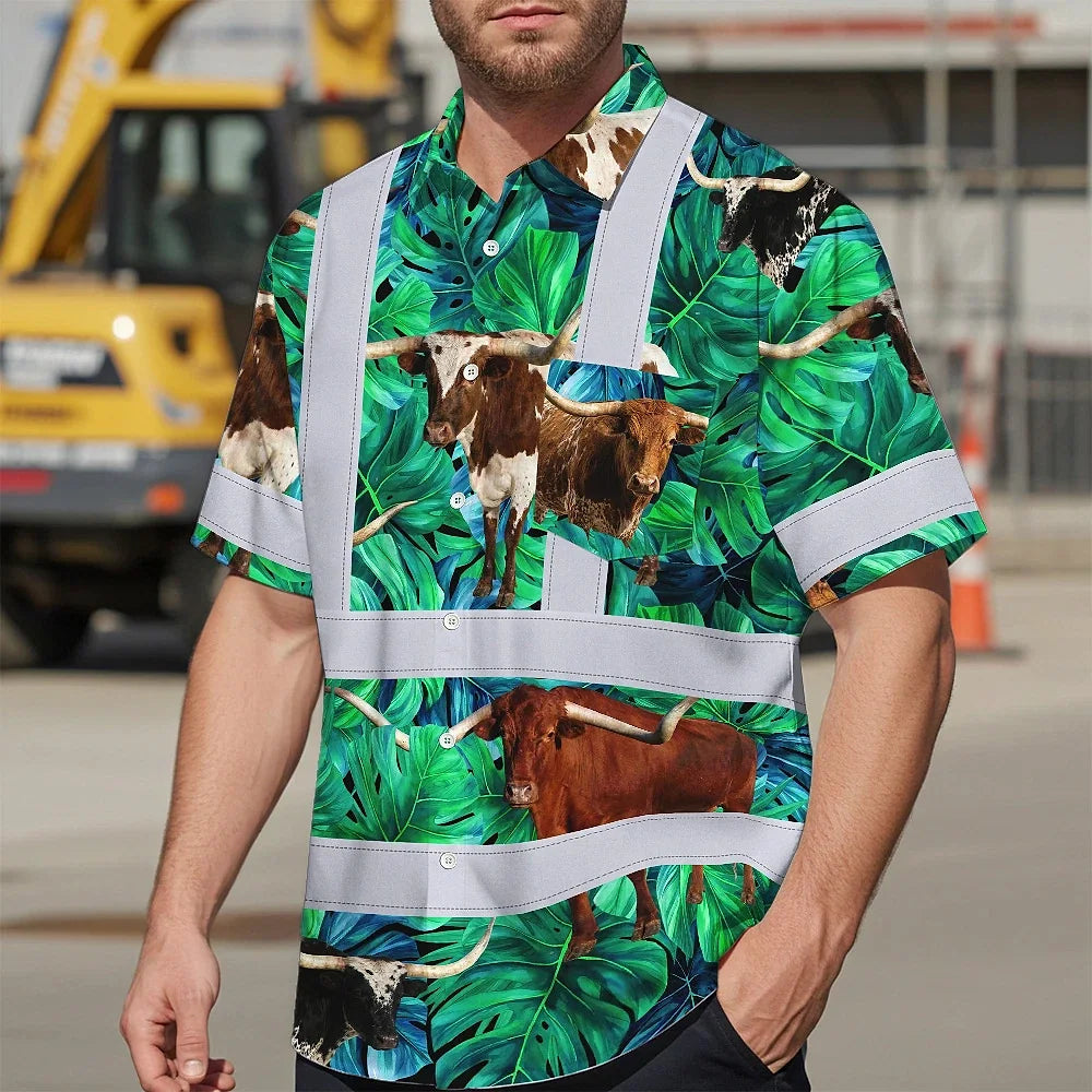 Hi Vis Hawaiian Shirt Reflective Tapes Green Flower Brown Cow 2 Custom Name Safety Workwear For Workers, Truckers, Operators, Company
