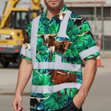 Hi Vis Hawaiian Shirt Reflective Tapes Green Flower Brown Cow 2 Custom Name Safety Workwear For Workers, Truckers, Operators, Company