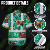 Hi Vis Hawaiian Shirt Reflective Tapes Green Flower Brown Cow 2 Custom Name Safety Workwear For Workers, Truckers, Operators, Company