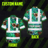 Hi Vis Hawaiian Shirt Reflective Tapes Green Flower Brown Cow 2 Custom Name Safety Workwear For Workers, Truckers, Operators, Company