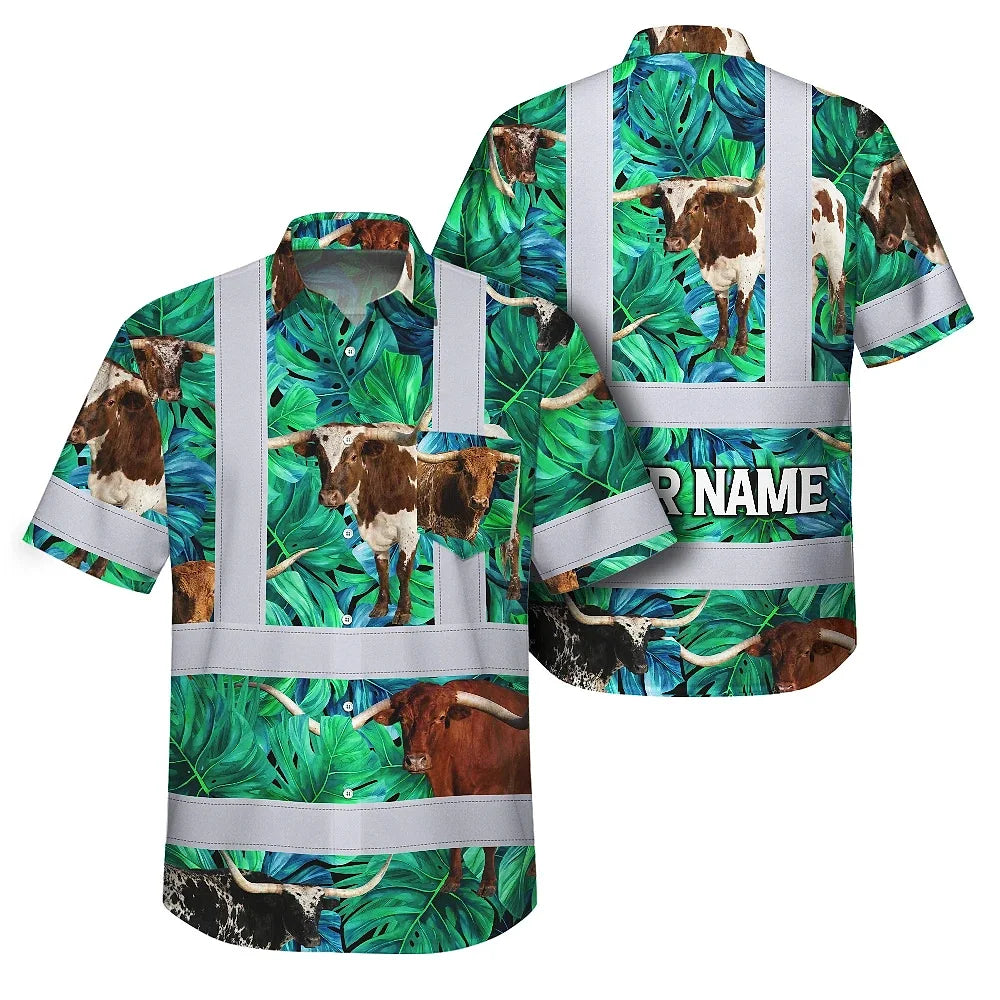 Hi Vis Hawaiian Shirt Reflective Tapes Green Flower Brown Cow 2 Custom Name Safety Workwear For Workers, Truckers, Operators, Company