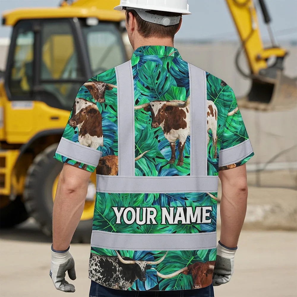 Hi Vis Hawaiian Shirt Reflective Tapes Green Flower Brown Cow 2 Custom Name Safety Workwear For Workers, Truckers, Operators, Company