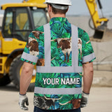 Hi Vis Hawaiian Shirt Reflective Tapes Green Flower Brown Cow 2 Custom Name Safety Workwear For Workers, Truckers, Operators, Company