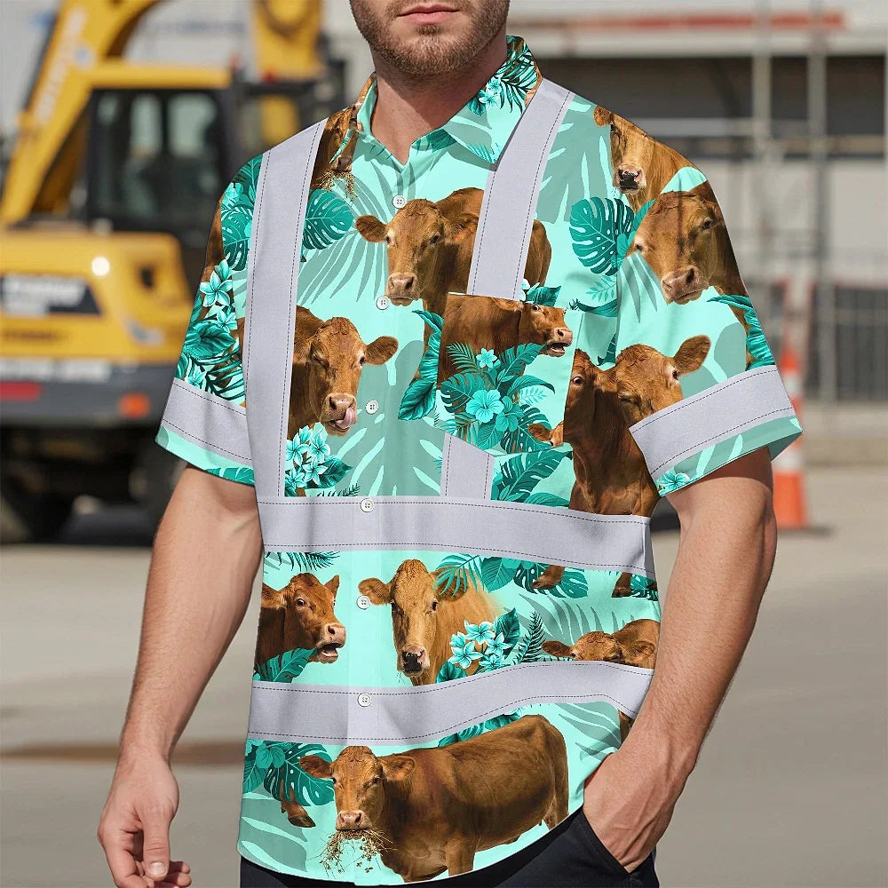 Hi Vis Hawaiian Shirt Reflective Tapes Green Flower Brown Cow Custom Name Safety Workwear For Workers, Truckers, Operators, Company