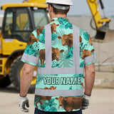 Hi Vis Hawaiian Shirt Reflective Tapes Green Flower Brown Cow Custom Name Safety Workwear For Workers, Truckers, Operators, Company