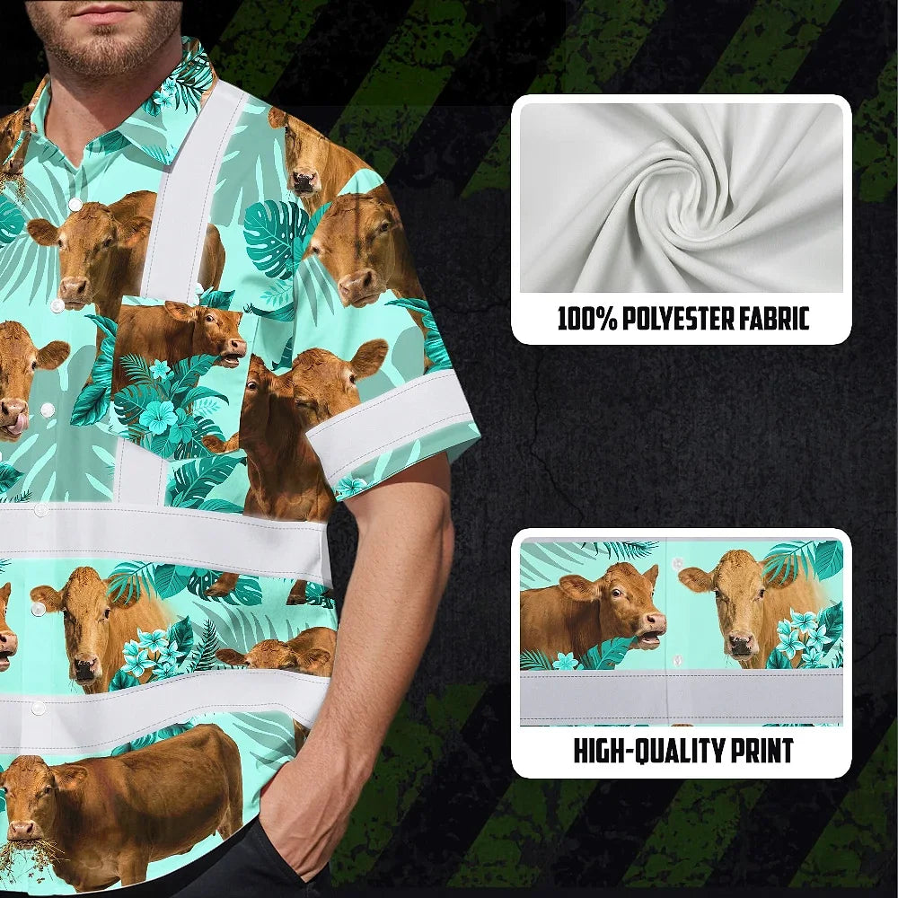 Hi Vis Hawaiian Shirt Reflective Tapes Green Flower Brown Cow Custom Name Safety Workwear For Workers, Truckers, Operators, Company