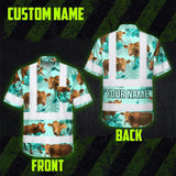 Hi Vis Hawaiian Shirt Reflective Tapes Green Flower Brown Cow Custom Name Safety Workwear For Workers, Truckers, Operators, Company