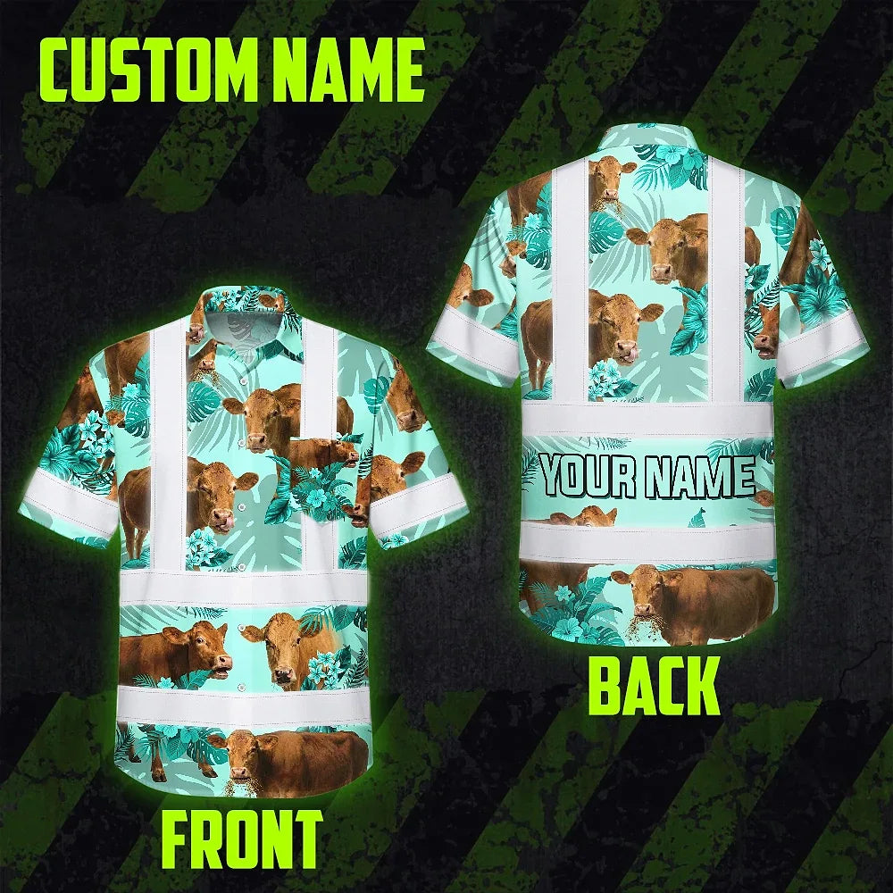 Hi Vis Hawaiian Shirt Reflective Tapes Green Flower Brown Cow Custom Name Safety Workwear For Workers, Truckers, Operators, Company