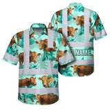 Hi Vis Hawaiian Shirt Reflective Tapes Green Flower Brown Cow Custom Name Safety Workwear For Workers, Truckers, Operators, Company