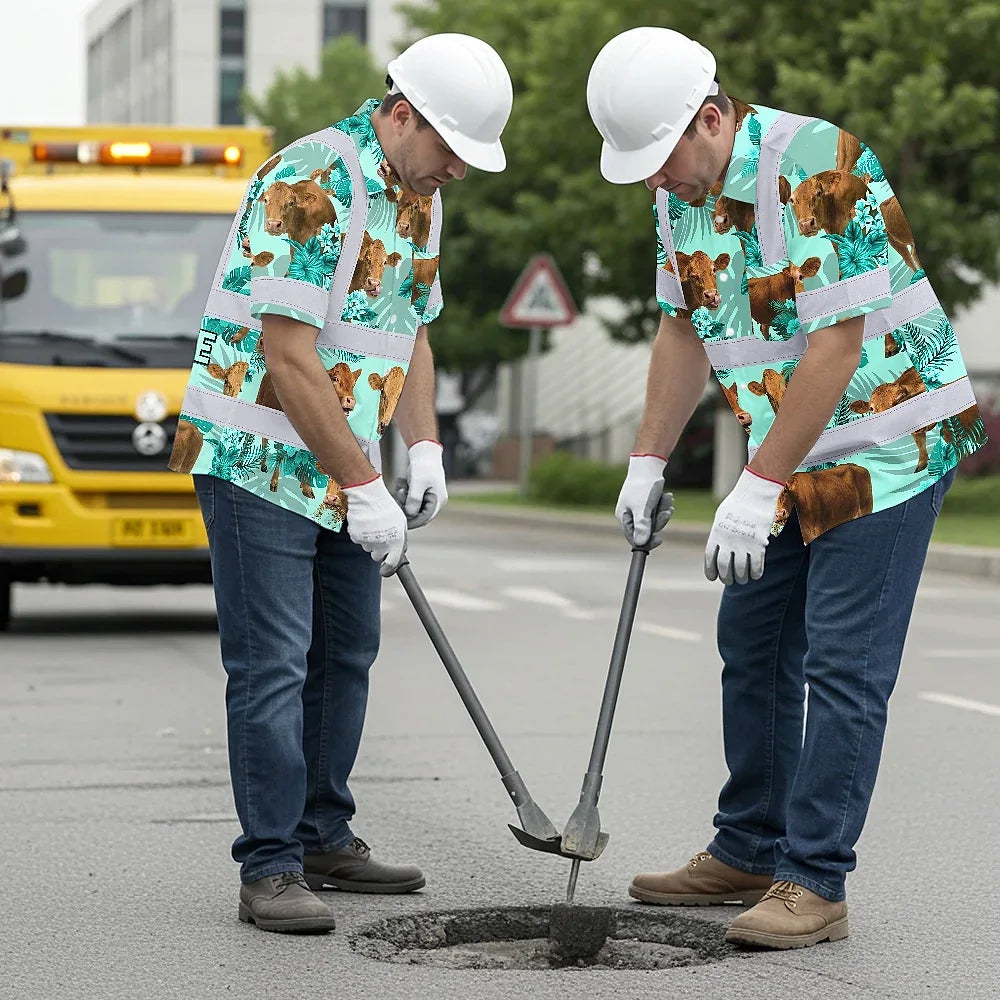 Hi Vis Hawaiian Shirt Reflective Tapes Green Flower Brown Cow Custom Name Safety Workwear For Workers, Truckers, Operators, Company