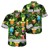 Hi Vis Hawaiian Shirt Reflective Tapes Green Flower Drink Tropical Cocktail Beer Print Custom Name Safety Workwear For Workers, Truckers, Operators