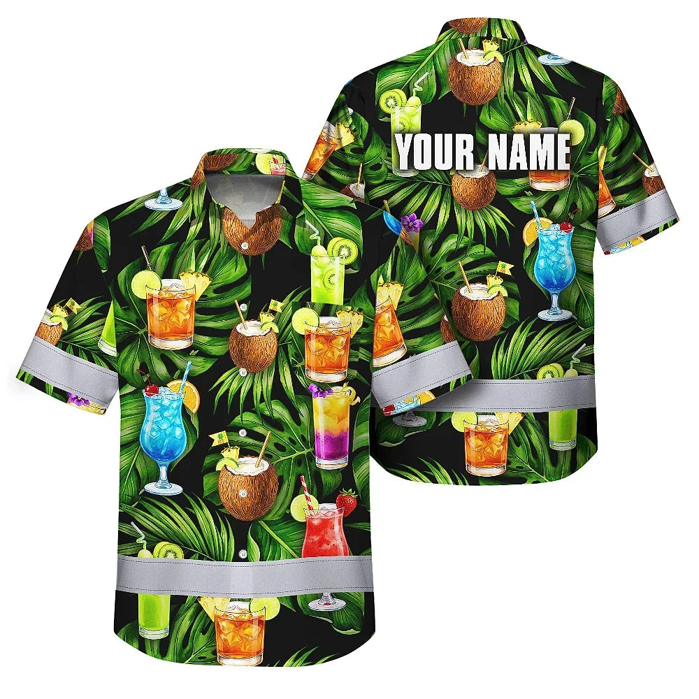 Hi Vis Hawaiian Shirt Reflective Tapes Green Flower Drink Tropical Cocktail Beer Print Custom Name Safety Workwear For Workers, Truckers, Operators