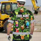 Hi Vis Hawaiian Shirt Reflective Tapes Green Flower Drink Tropical Cocktail Beer Print Custom Name Safety Workwear For Workers, Truckers, Operators