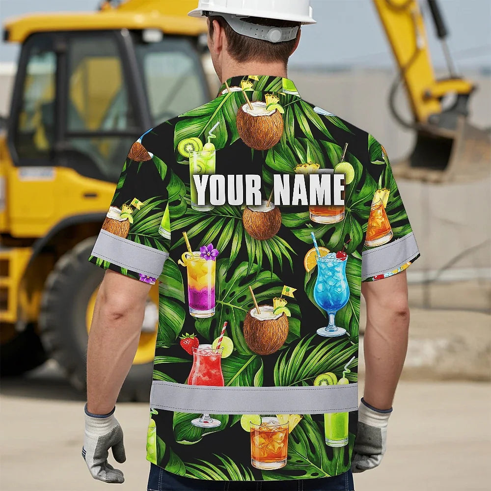 Hi Vis Hawaiian Shirt Reflective Tapes Green Flower Drink Tropical Cocktail Beer Print Custom Name Safety Workwear For Workers, Truckers, Operators