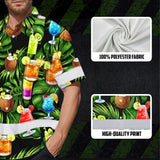 Hi Vis Hawaiian Shirt Reflective Tapes Green Flower Drink Tropical Cocktail Beer Print Custom Name Safety Workwear For Workers, Truckers, Operators
