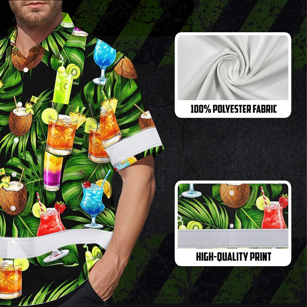 Hi Vis Hawaiian Shirt Reflective Tapes Green Flower Drink Tropical Cocktail Beer Print Custom Name Safety Workwear For Workers, Truckers, Operators