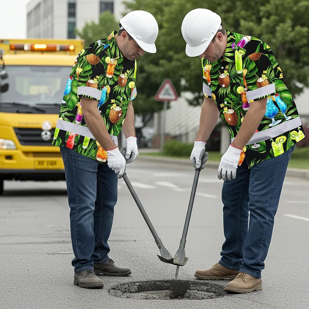 Hi Vis Hawaiian Shirt Reflective Tapes Green Flower Drink Tropical Cocktail Beer Print Custom Name Safety Workwear For Workers, Truckers, Operators