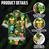 Hi Vis Hawaiian Shirt Reflective Tapes Green Flower Drink Tropical Cocktail Beer Print Custom Name Safety Workwear For Workers, Truckers, Operators
