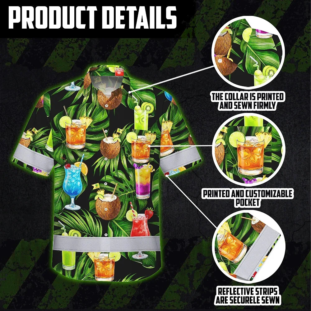 Hi Vis Hawaiian Shirt Reflective Tapes Green Flower Drink Tropical Cocktail Beer Print Custom Name Safety Workwear For Workers, Truckers, Operators