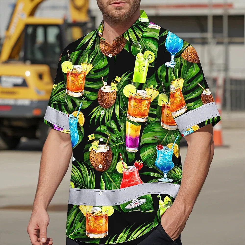 Hi Vis Hawaiian Shirt Reflective Tapes Green Flower Drink Tropical Cocktail Beer Print Custom Name Safety Workwear For Workers, Truckers, Operators
