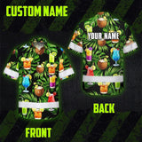 Hi Vis Hawaiian Shirt Reflective Tapes Green Flower Drink Tropical Cocktail Beer Print Custom Name Safety Workwear For Workers, Truckers, Operators