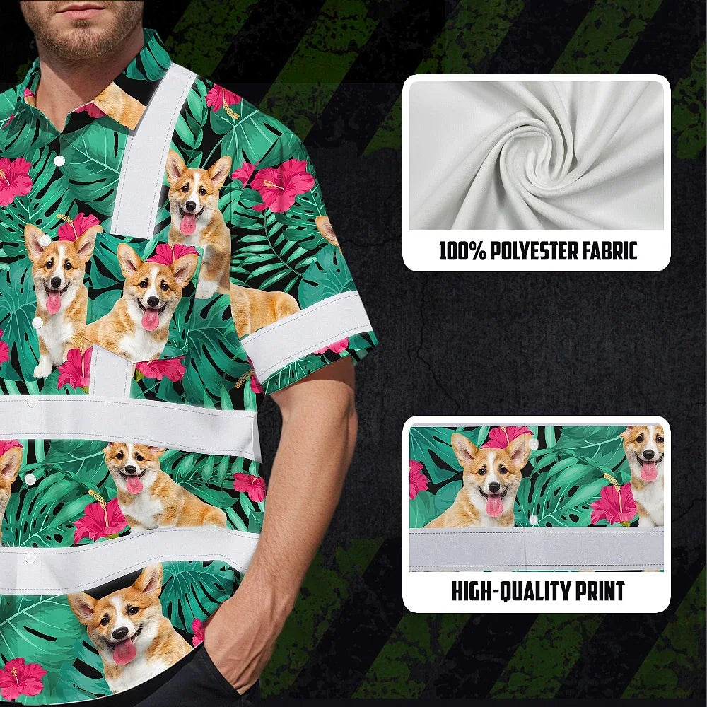 Hi Vis Hawaiian Shirt Reflective Tapes Green Flowers Custom Name And Image Safety Workwear For Workers, Truckers, Operators, Company, Pet Lovers