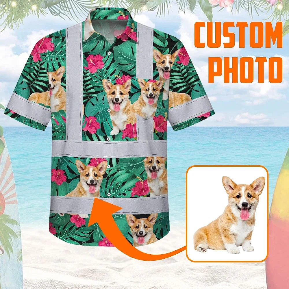 Hi Vis Hawaiian Shirt Reflective Tapes Green Flowers Custom Name And Image Safety Workwear For Workers, Truckers, Operators, Company, Pet Lovers