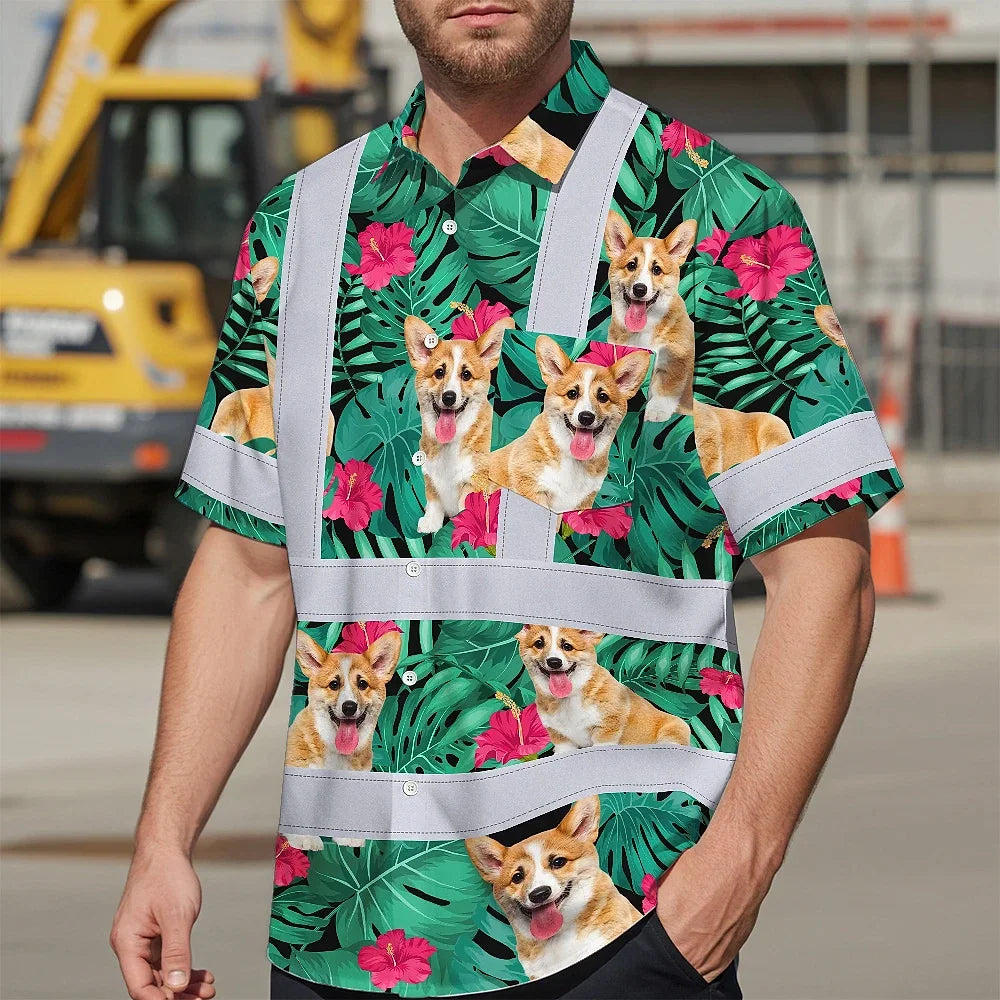 Hi Vis Hawaiian Shirt Reflective Tapes Green Flowers Custom Name And Image Safety Workwear For Workers, Truckers, Operators, Company, Pet Lovers