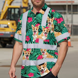 Hi Vis Hawaiian Shirt Reflective Tapes Green Flowers Custom Name And Image Safety Workwear For Workers, Truckers, Operators, Company, Pet Lovers
