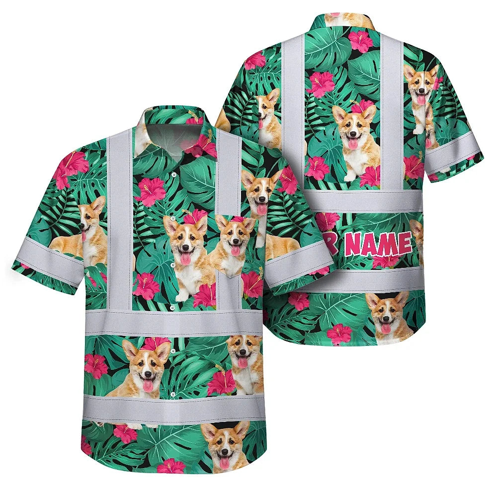 Hi Vis Hawaiian Shirt Reflective Tapes Green Flowers Custom Name And Image Safety Workwear For Workers, Truckers, Operators, Company, Pet Lovers