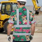 Hi Vis Hawaiian Shirt Reflective Tapes Green Flowers Custom Name And Image Safety Workwear For Workers, Truckers, Operators, Company, Pet Lovers