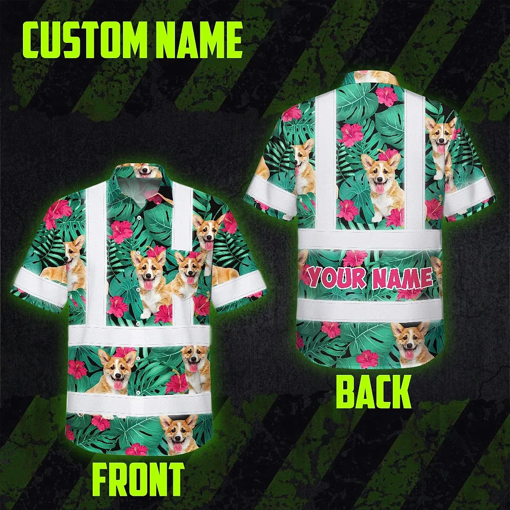 Hi Vis Hawaiian Shirt Reflective Tapes Green Flowers Custom Name And Image Safety Workwear For Workers, Truckers, Operators, Company, Pet Lovers