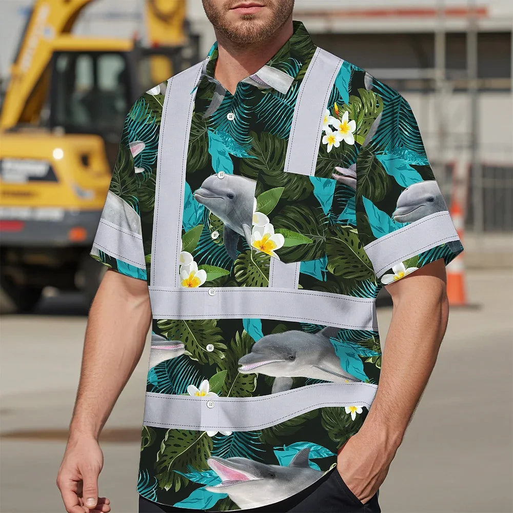 Hi Vis Hawaiian Shirt Reflective Tapes Green Flowers Dolphin Custom Name Safety Workwear For Workers, Truckers, Operators, Company