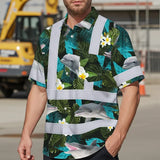 Hi Vis Hawaiian Shirt Reflective Tapes Green Flowers Dolphin Custom Name Safety Workwear For Workers, Truckers, Operators, Company