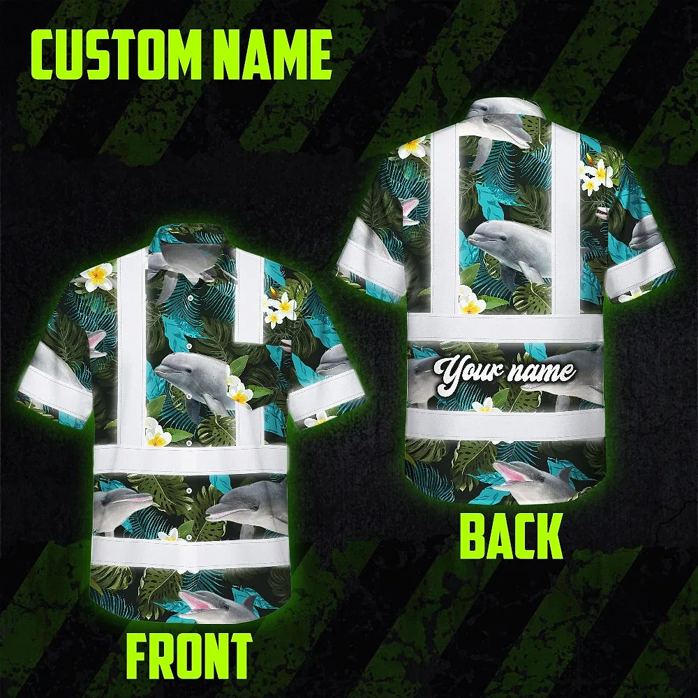 Hi Vis Hawaiian Shirt Reflective Tapes Green Flowers Dolphin Custom Name Safety Workwear For Workers, Truckers, Operators, Company