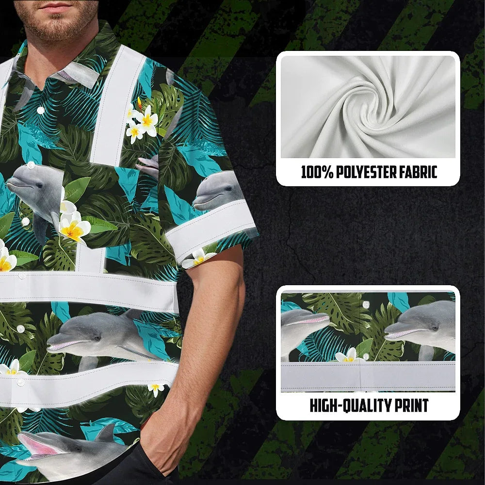 Hi Vis Hawaiian Shirt Reflective Tapes Green Flowers Dolphin Custom Name Safety Workwear For Workers, Truckers, Operators, Company
