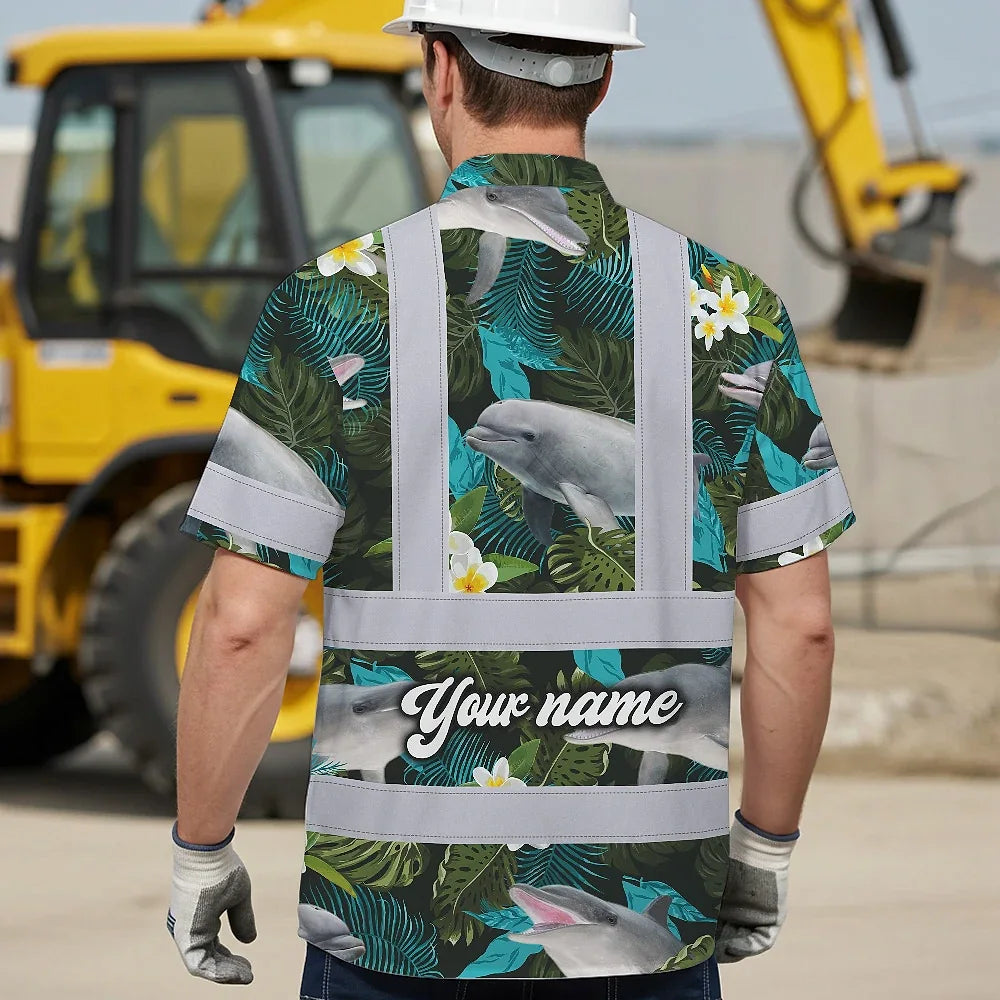 Hi Vis Hawaiian Shirt Reflective Tapes Green Flowers Dolphin Custom Name Safety Workwear For Workers, Truckers, Operators, Company