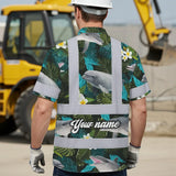 Hi Vis Hawaiian Shirt Reflective Tapes Green Flowers Dolphin Custom Name Safety Workwear For Workers, Truckers, Operators, Company