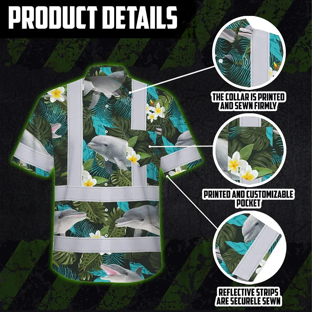 Hi Vis Hawaiian Shirt Reflective Tapes Green Flowers Dolphin Custom Name Safety Workwear For Workers, Truckers, Operators, Company