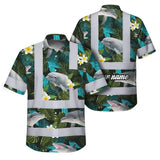 Hi Vis Hawaiian Shirt Reflective Tapes Green Flowers Dolphin Custom Name Safety Workwear For Workers, Truckers, Operators, Company