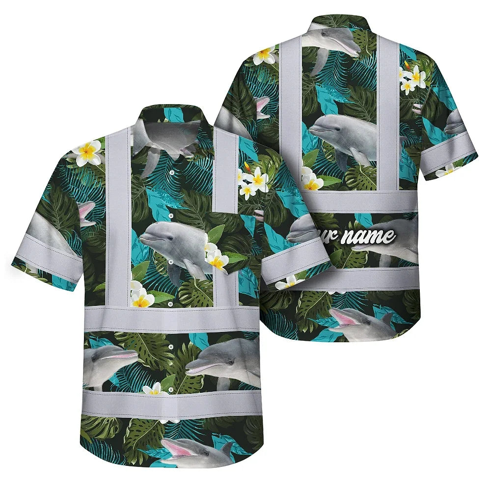 Hi Vis Hawaiian Shirt Reflective Tapes Green Flowers Dolphin Custom Name Safety Workwear For Workers, Truckers, Operators, Company