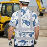 Hi Vis Hawaiian Shirt Reflective Tapes Green Flowers Turtle 2 Custom Name Safety Workwear For Workers, Truckers, Operators, Company