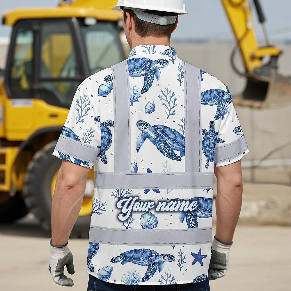 Hi Vis Hawaiian Shirt Reflective Tapes Green Flowers Turtle 2 Custom Name Safety Workwear For Workers, Truckers, Operators, Company