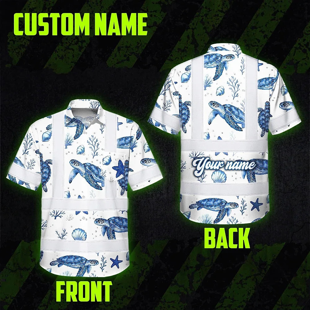 Hi Vis Hawaiian Shirt Reflective Tapes Green Flowers Turtle 2 Custom Name Safety Workwear For Workers, Truckers, Operators, Company