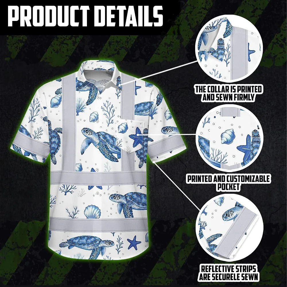 Hi Vis Hawaiian Shirt Reflective Tapes Green Flowers Turtle 2 Custom Name Safety Workwear For Workers, Truckers, Operators, Company