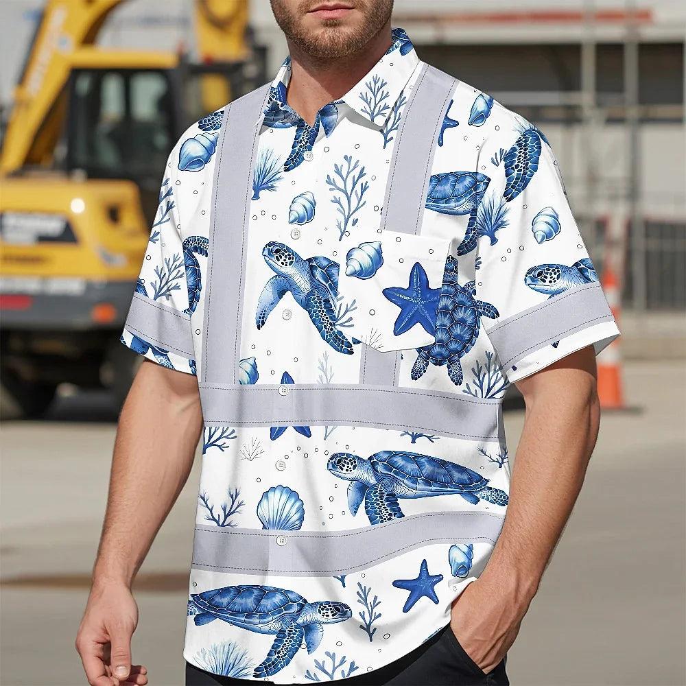Hi Vis Hawaiian Shirt Reflective Tapes Green Flowers Turtle 2 Custom Name Safety Workwear For Workers, Truckers, Operators, Company